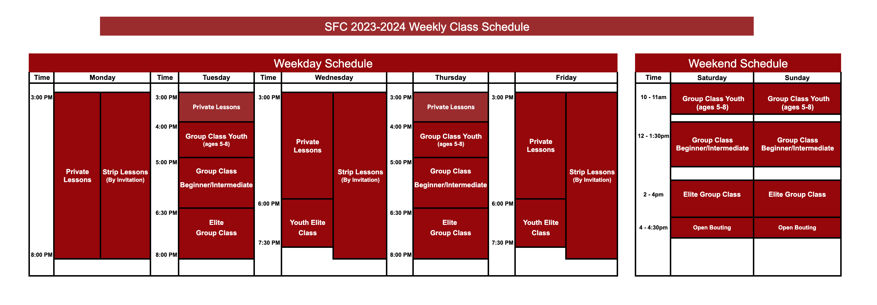 SFC 2023-2024 Weekly class schedule