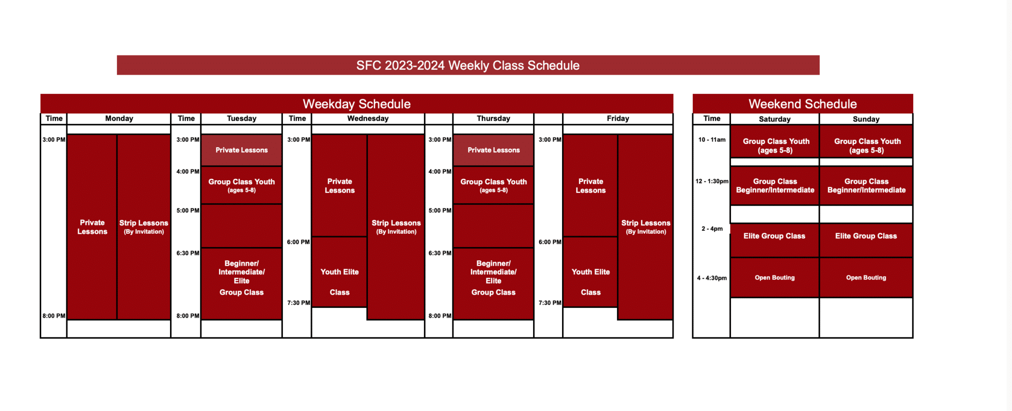 SFC 2023-2024 Weekly class schedule